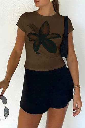 Tankaneo Womens Y2K Graphic Baby Tees Summer Floral Vintage Short Sleeve Tops Slim Fit Cropped T-Shirts thumbnail 5
