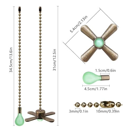 Dotlite 2Pack Bronze Ceiling Fan Pull Chains Glow in the Dark,3mm Diameter Beaded Decorative Light Pull Chain Pendant Extension, Fan and Bulb Shaped Ornaments Cord Extender thumbnail 3