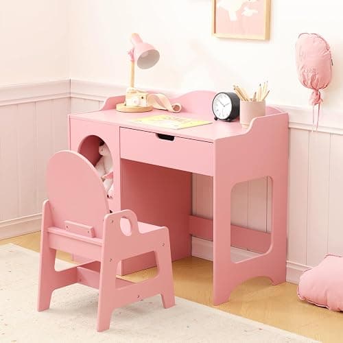 OOOK Kids Study Table and Chair Set, Wooden Kids Desk and Chair Set, Toddler Art Desk with Storage, Children Writing Table for 5-12 Years Old, Home School Use, Pink thumbnail 2