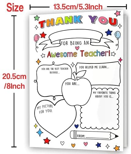 Hongshan Thank You Card for Teacher,Fill in the Blanks,Funny Appreciation Card Gift,Teacher Thank You Gifts Card from School Kids Students with Envelopes thumbnail 3
