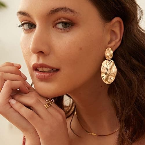 Chunky Gold Earrings for Women - Hammered Gold Plated Dangle Drop Jewelry Gifts thumbnail 2