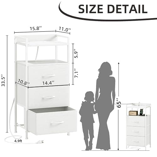 Somdot White Nightstand with Charging Station and LED Light for Bedroom, Tall 3 Drawers Dresser with Fabric Bins for Bedside Kids Dorm Room Closet Laundry Entryway, White Leather - White Leather - 11"D x 15.8"W x 33.5"H (3 Drawers) thumbnail 3
