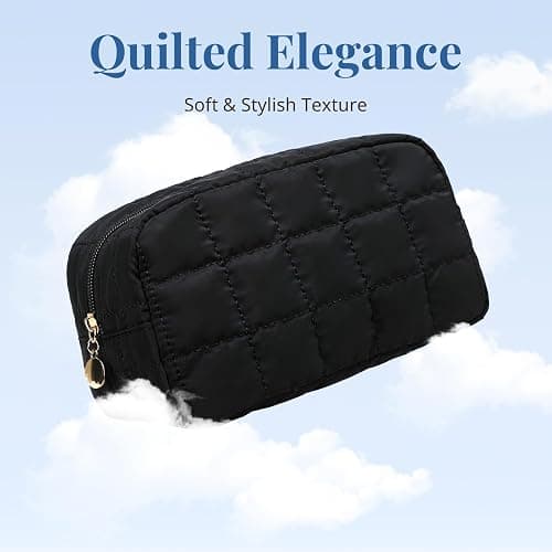 Makeup Bag, Quilted Puffy Travel Toiletry Bag with Compartments, Wide-Open Cosmetic Bag for Women, Pouch Purse Organizer, Black thumbnail 2