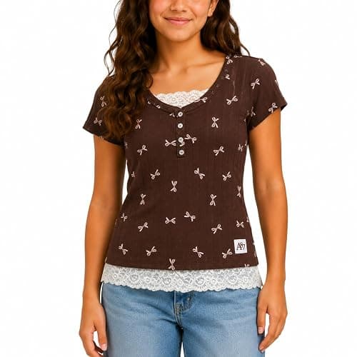 AEROPOSTALE Girls Henley Shirts, Short Sleeve 2fer Lace Trim Top, Y2K 7-16 | Layered Look at Neck and Hem, Pairs with Denim, Skirts, or Leggings, Classroom to Weekend Wear, Delicate Detailing - Image 1