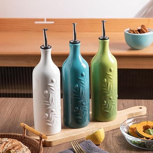 Sweejar Large Olive Oil Dispenser Bottle, 24 Oz Ceramic, Modern Relief Design, Dishwasher Safe, Gradient Green thumbnail 6