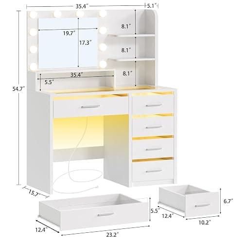 FIONESO Vanity Desk with Mirror and Lights, Makeup Vanity with Glass Top, 3 Colors LED Lights & Power Outlet, White Vanity with 5 RGB Drawers, Adjustable Lighted Vanity for Girls, Bedroom thumbnail 2