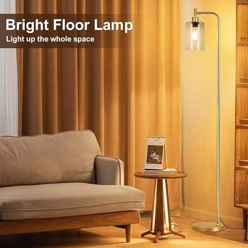 Ziisee Floor Lamps for Living Room - Industrial Standing Lamp with Glass Shade, Modern Gold Floor Lamp with LED Bulbs, Farmhouse Floor Lamp for Bedroom, Tall Lamp for Office - Gold thumbnail 8
