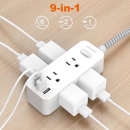 Power Strip Surge Protector, BESHON 5Ft Extension Cord, 6 Outlets with 3 USB Ports(1 USB C Outlet), 3-Side Outlet Extender, Wall Mount, Compact for Travel, Home, School, College Dorm Room and Office thumbnail 2