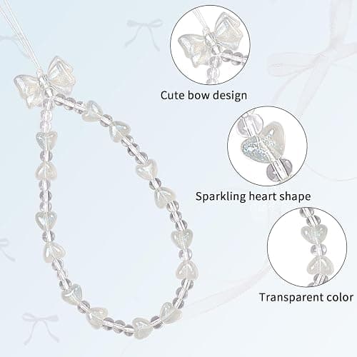 inewateri 2 Pack White & Pink Sparkling Bowknot Love Beaded Chain-Phone Lanyard Set, Multi-Purpose Cellphone Bag Key Accessory, Aesthetic Wrist Strap for Women Girls - Sparkle thumbnail 5