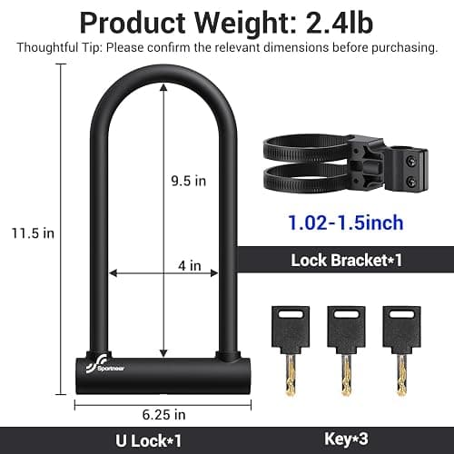 Sportneer Bike Lock, 18mm Heavy Duty Bike U Lock 11.5''x6.25'' Plus Size with 3 Keys Anti Theft Secure Locks for Bikes, E-Bikes, Motorbikes, Scooters thumbnail 2