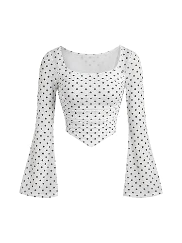SweatyRocks Girl's Mesh Crop Top Square Neck Ruched Asymmetrical Bell Long Sleeve T Shirt - Image 1