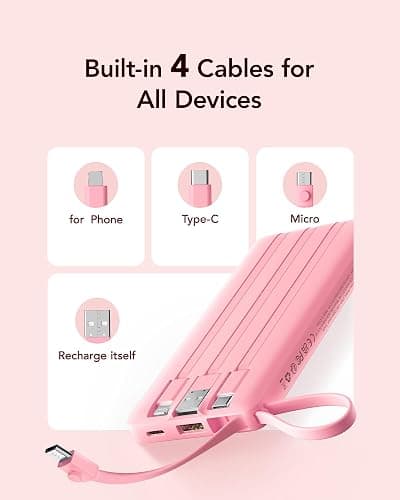 VRURC Portable Phone Charger, Built-in 4 Cables USB C Power Bank 10000mAh | Slim Power Bank for Travel,5 Output 2 Inpput Charging Bank,Multi Devices Battery Pack for iPhone,Android-Barbie Pink(1 Pack) thumbnail 8