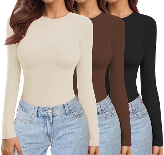 Ekouaer Womens 3 Pack Long Sleeve Shirts Crew Neck Stretch Fitted Underscrubs Trendy Basic Tops Lightweight Thermal Tee - Image 1