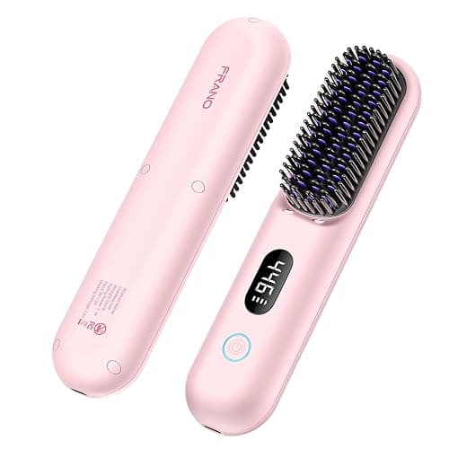 Cordless Hair Straightener Brush, Portable Mini Straightening Brush for Travel, Negative Ionic Hot Comb Straightener, Rechargeable Hair Brush Straightener for Women, Lightweight on-The-go, Pink - Image 1