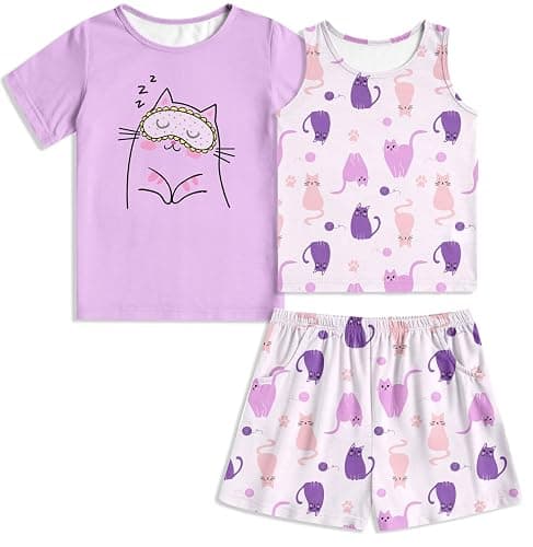 Funnycokid Girls Pajamas Kids Pjs Size 7-14 | Top Tank Shorts Cute Summer 3 Pieces Nightwear Set - Image 1