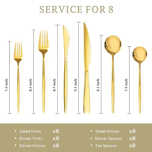 Astercook Silverware Set 48-Piece Gold Flatware Set with Steak Knives Food-Grade Stainless Steel Cutlery Set for 8 Mirror Polished Utensils Set for Home Kitchen Restaurant Valentine's Gift thumbnail 2
