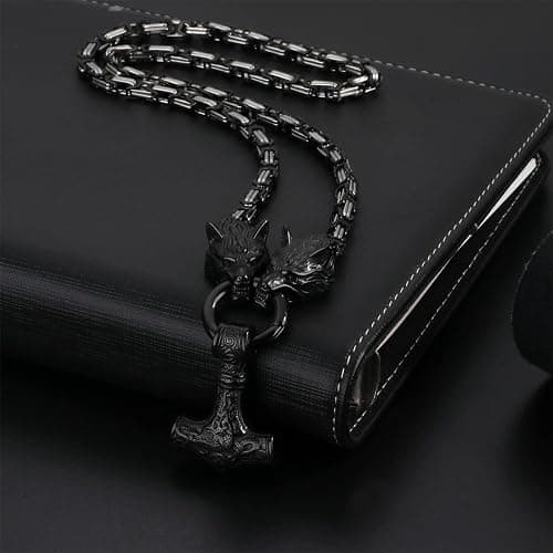OIDEA Viking Mjolnir Necklace for Men with Wolf Head King Chain, Stainless Steel Viking Amulet Thors Hammer Necklace Pendant Norse Pagan Jewelry thumbnail 2