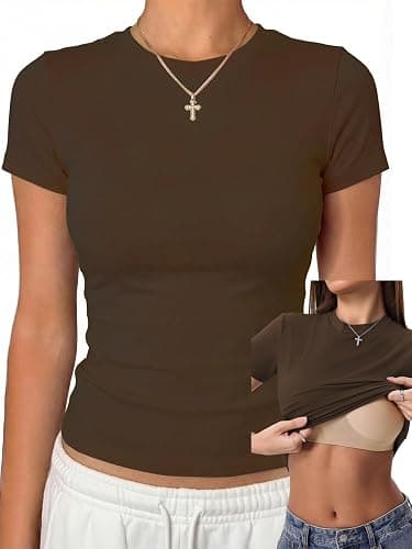 Danysu Nude Built in Bra Cotton Jersey T Shirt No See Through Stretchy Lightweight Fitted Everyday Basic Tops Gym Workout Tee - Image 1
