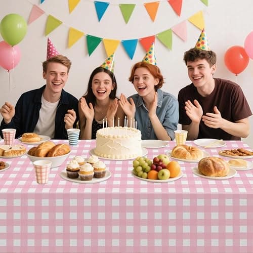4 Pcs Pink Plaid Tablecloth Plastic Pink and White Checkered Tablecloths Waterproof Rectangle Pink Gingham Tablecloth for Picnic Birthday Wedding Camping Holiday Christmas Parties, 52 x 86 in thumbnail 5