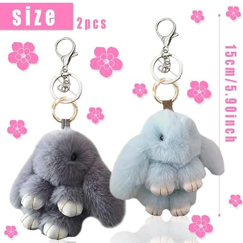 YIKISVUJ 2 Pieces Plush Rabbit Keychain, Soft Mini Bunny Keyring, Cute Key Pendant Chain, Handbag Purse Decoration (Gray + Blue) thumbnail 2