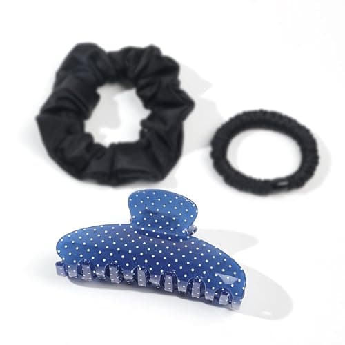 Acetate Hair Claw Clip for Women, 3.8-Inch Blue Polka Dot Big Hair Clips Strong Hold No Slip Claw Clips for Thick or Thin Hair, Includes 2 Black Satin Scrunchies thumbnail 2