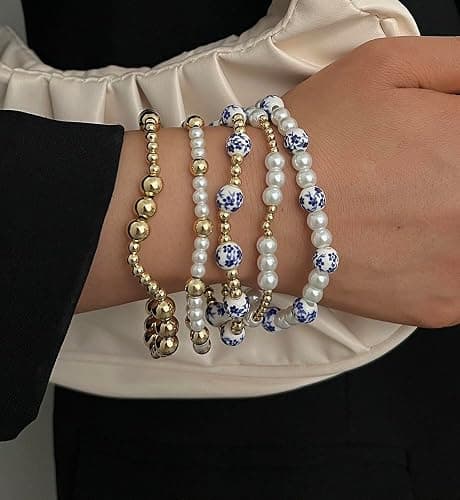 Gold Beaded Bracelets for Women, 14K Real Gold Plated Jewelry for Women Dainty Pearl Bead Bracelets Stack, Non Tarnish Trendy Stackable Ball Cross Stretch Bracelet Set Fashion Accessories Gifts thumbnail 5
