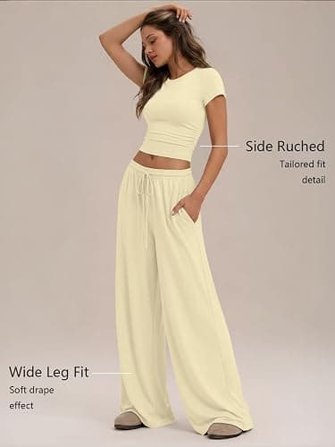 Trendy Queen Women's 2 Piece Matching Summer Lounge Set with Pockets | Vacation Airport Travel Outfits, Workout Gym Clothing Comfy Athleisure Clothes, Side-ruched Top, Drawstring Wide Leg Pants thumbnail 3