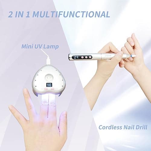 Denabuty Nagelfräser Kabellos, Elektrische Nagelfeile Professionelle 2 in 1 Fräser für Gelnägel Acrylnägel mit Nagel UV LED Lampe, Maniküre und Pediküre Set Nail Drill 35000 U/Min Silber thumbnail 2