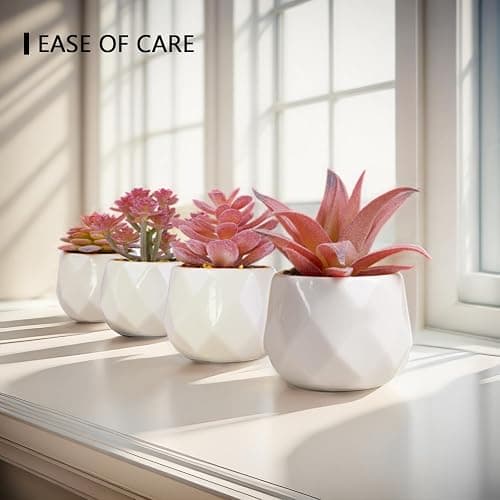 VIVERIE Mini Succulents Plants Artificial in Pots-Rose Pink, Christmas Small Fake Succulents Plants for Home Halloween Decor Indoor for Women, White Ceramic, Set of 4, Gifts for Mom thumbnail 2