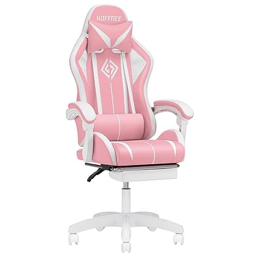 HOFFREE Pink Gaming Chair with Speakers and Led Lights Massage Video Game Chair with Footrest Reclining Computer Gaming Chair for Girls - Pink thumbnail 7