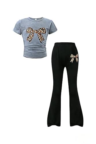 Togrielan Girls' Summer 2-Piece Outfit Set Bow-Embellished Short-Sleeve Top + Flared Pants Size 8-13 Years Old - Image 1