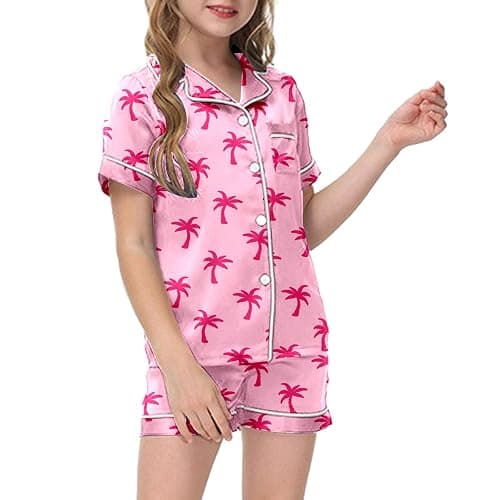 Pink Puff 𝙂𝙞𝙧𝙡𝙨 Pajamas Sets Cute Preppy Clothes Short Sleeve 𝙆𝙞𝙙𝙨 Pjs Button Down Satin Loungewear for 𝟮-𝟭𝟯𝙔 - #A08-pink - 10-11 Years - Image 1