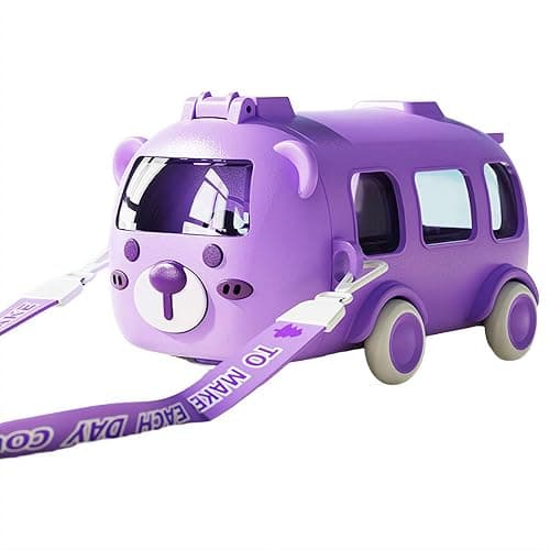 Portable Water Cup in Bus Shape with Strap 17Oz,Cute Bus Water Bottle with Straw,360°Leak-Proof Bounce Flip Top Straw Water Bottle,Detachable Fun Toy Bus Water Bottle for Boys Girls Camping Trips - Image 1