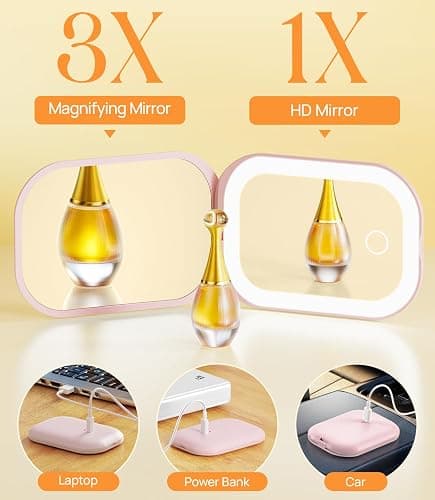 Gospire Lighted Travel Makeup Mirror with Light and Magnification 1X/3X, Stepless Dimming and 3 Color Adjustable Lights, Rechargeable Battery and Compact Size for Purse and Portable Use - Light Pink thumbnail 5