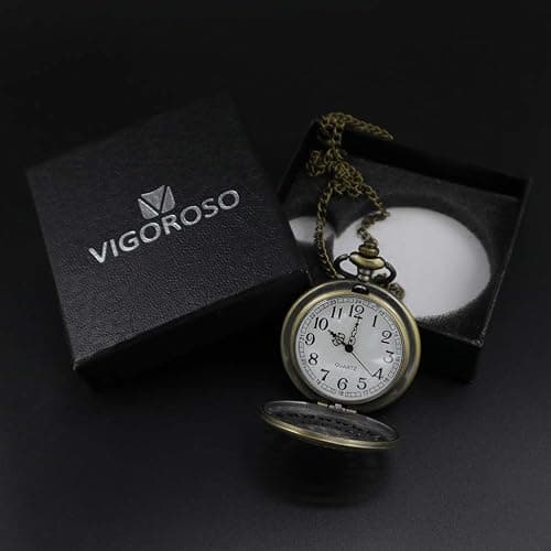 VIGOROSO Mens Pocket Watch Black Butler Antique Hollow Quartz Bronze Steampunk in Box thumbnail 3