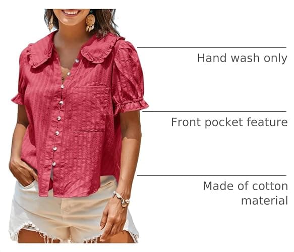 Tankaneo Womens Puff Sleeve Shirts Peter Pan Collar Button Down Tops | Cotton Blouse, Casual, Summer, Short Sleeve, Cute, Textured Tops, Lightweight & Breathable thumbnail 4