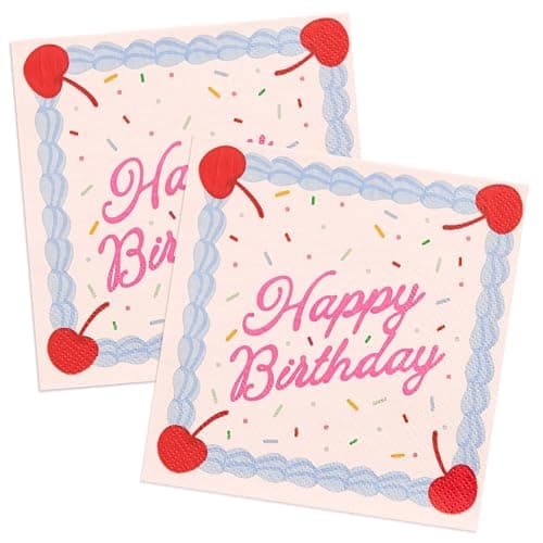 xo, Fetti Happy Birthday Napkins - 25 Paper Napkins | Birthday Decorations, Cake, Rainbow Sprinkles, Cherry, Icing, Party, Tablescape, Dessert - Image 1