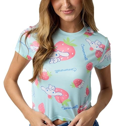 Bioworld Cinnamoroll & Strawberries All-Over Print Women's Blue Crew Neck Short Sleeve Baby Tee thumbnail 3