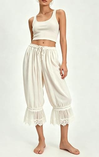 TUWIXIUW Women Cropped Lace Pants Bloomer Ruffle Long Bloomers Boho Western | Cute Ruffled Pantaloons Vintage Capri Half Slip Victorian Pettipants Halloween Costumes Concert Party Music Festival Western thumbnail 6