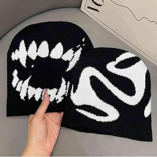 Winatehr Black Graphic Beanie for Men Women, Streetwear y2k Knitted Hat, Slouchy Goth Skull Cap (2 pcs) thumbnail 4
