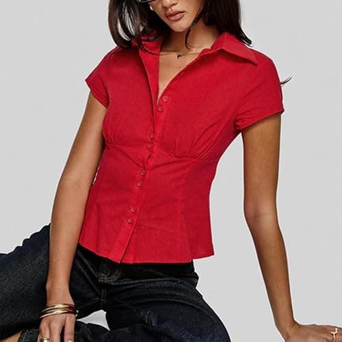 Women Y2k Short Sleeve Button Up Shirt Lapel Collar V Neck Plaid Open Front Blouse Basic Casual Going Out T-Shirt thumbnail 3