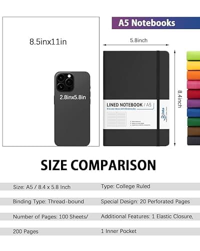 Dynta Hardcover Journal Notebooks, 10 Packs A5 Lined Journals Bulk for Writing 200 Pages/100Sheets, 8.4 x 5.8 inch, 10 Colors Classic Ruled Notebook for Work/Travel/College/Note Taking thumbnail 2