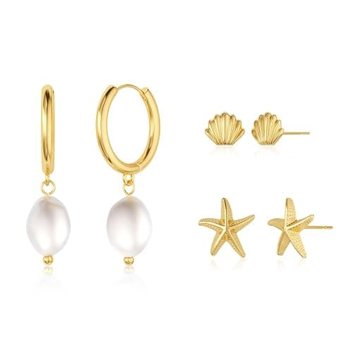 MBW Gold Starfish Earrings for Women, Small Dainty 14k Gold Plated Seashell Conch Pearl Hoop Dangle Earrings Stud Sets Beach Ocean Halloween Jewelry Gifts for Women Trendy - Image 1