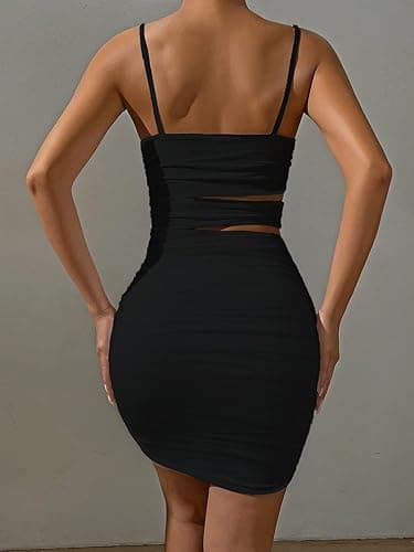 SEBAQINY Summer Bodycon Slip Dress: Women’s Sexy Hollow Out Strap Spaghetti Outfits - Short Party Dress for Club Wear 22521 - Small - Black thumbnail 6