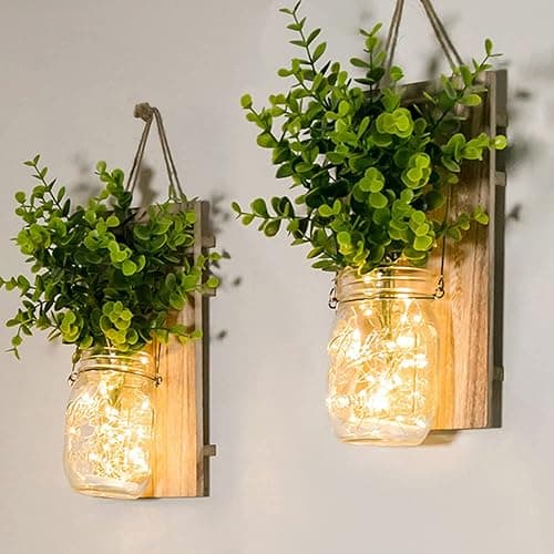 Rustic Wall Sconces, Mason Jar Sconces, Farmhouse Home Decor, LED Fairy Lights, Green Fake Plant, Interior Decoration Warm Toned Lighting. (2 Pack) - Image 1