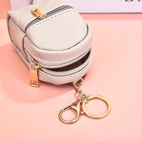 Mini Backpack Cute Cosmetic Bag for Women, Creative Cute Pendant Keychain Key-chains Keyrings PU Leather Makeup Bag Key Pocket Lipstick Bag Card Holder Data Cable Organizer Zipper Pouch (Beige) - Beige thumbnail 7