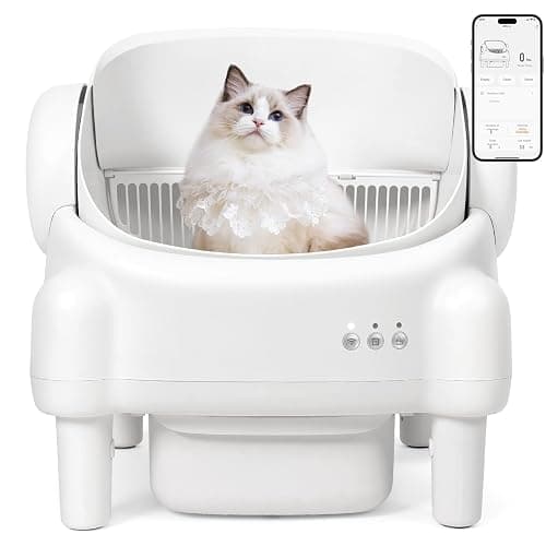 Paruuntys Automatic Litter Box,Open Top Self Cleaning Litter Box with App Control for Multiple Cats, Safety Sensors Protection, Odor Control Includes 2 roll Liners,Large Waste Bin, Cream White - Image 1