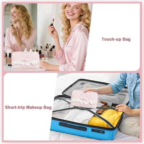 Modacarry Small Quilted Makeup Bag Touch-up Pouch Coquette Cosmetic Bag for Women Girls (PINK CHECKERED) thumbnail 5