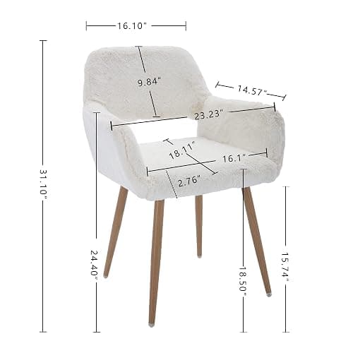 KCC Furry Desk Chair, Mid-Century Modern Accent Comfy Armchair with Faux Fur for Teen Girls, Wood Look Metal Legs Living Dining Room, Home Vanity Makeup Office No Wheel, White. thumbnail 3