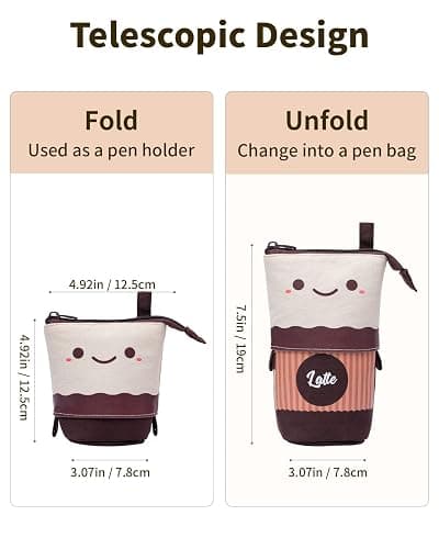 Sooez Kawaii Stand Up Pencil Case - Spacious Telescopic Pouch for School & Office Supplies, Brown Coffee thumbnail 3